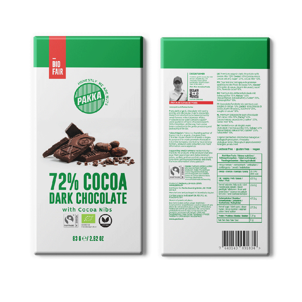 72% Bio-Schokoladentafel mit Kakaonibs, 83g 
