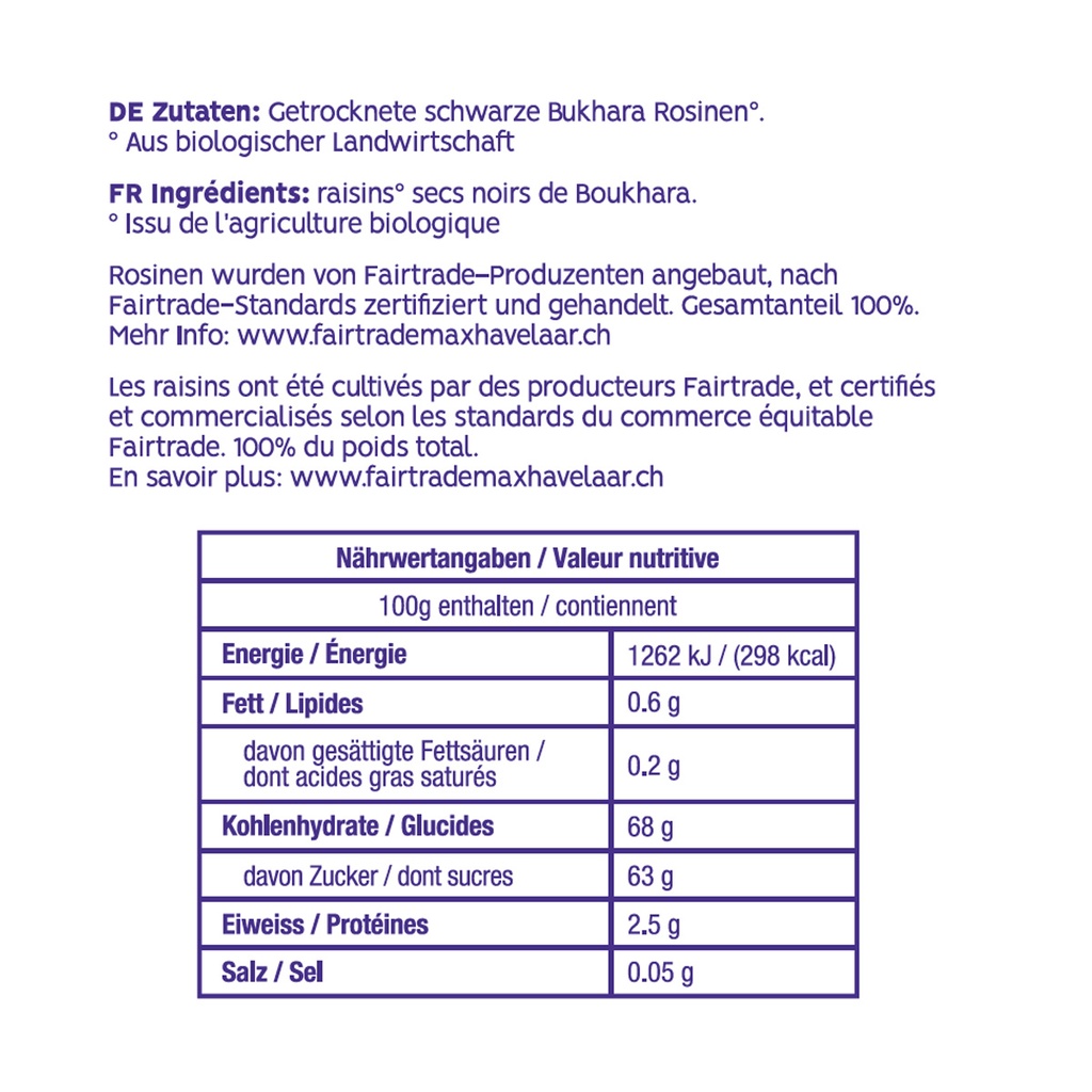 Bukhara Rosinen Bio Fairtrade, schattengetrocknet und ungeölt, 200g