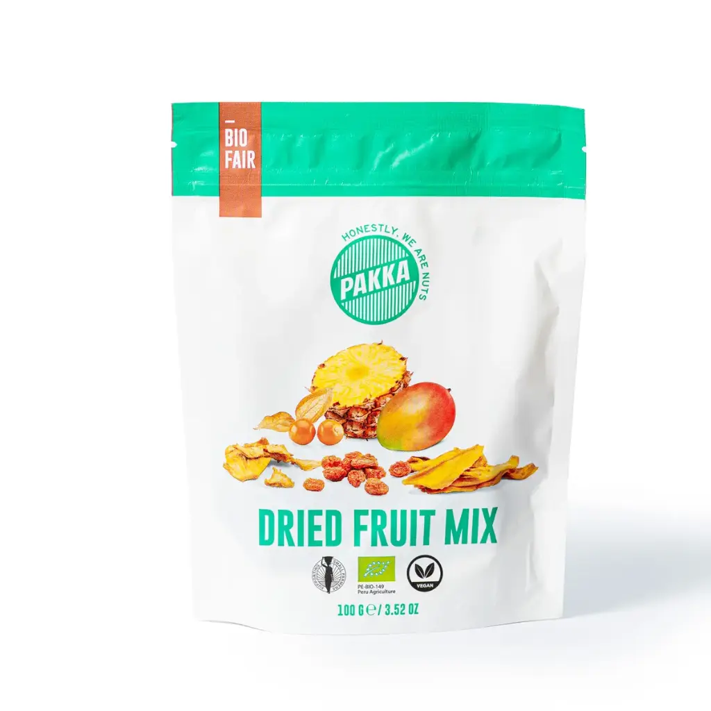 Organic fruit mix: mango, pineapple and physalis, harvested when fully ripe, dried, 100g