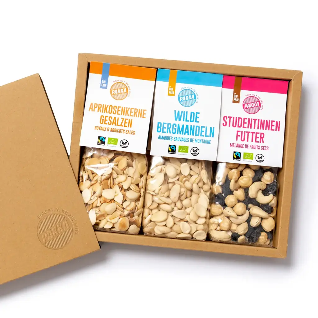 Coffret cadeau noix et fruits secs, bio, Fairtrade, 3x 150g