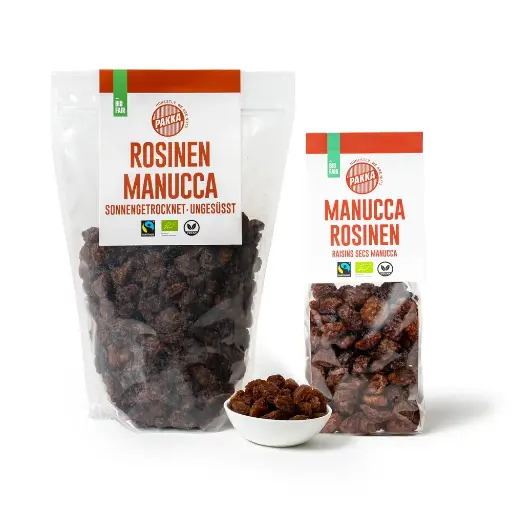 [202707] Raisins secs Manucca, bio, Fairtrade, séchés au soleil et non huilés (200g)