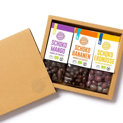 [503311] Coffret cadeau de noix et fruits en chocolat, bio, Fairtrade-Kakao, 3x 100g