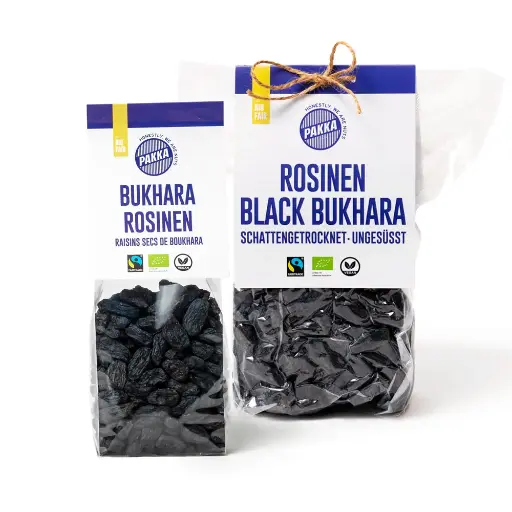 Schwarze Bukhara-Rosinen, Bio, Fairtrade, schattengetrocknet und ungeölt 